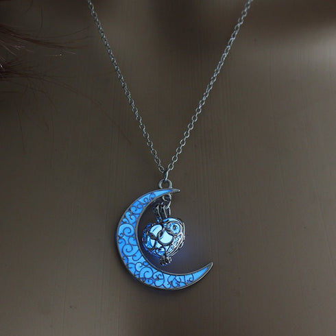 Lunar Glow Pendant Necklace - Silver-Plated Moon Shape - EclipticJew